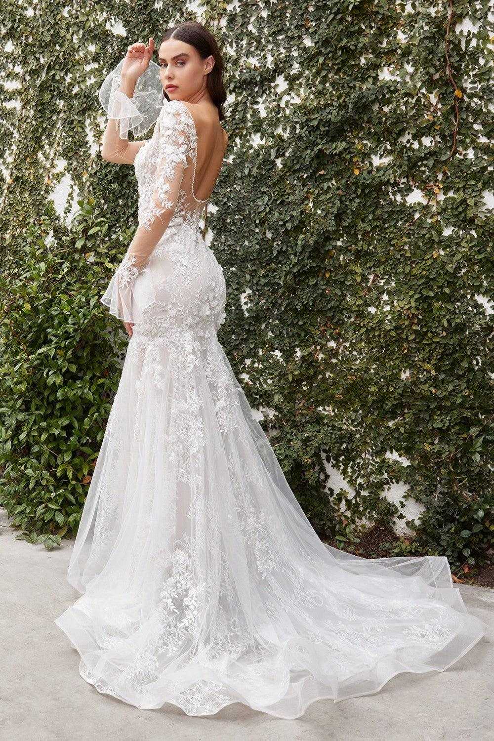 Cendrillon Divine, Cendrillon Divine A1073W Robe de mariée longue à manches transparentes