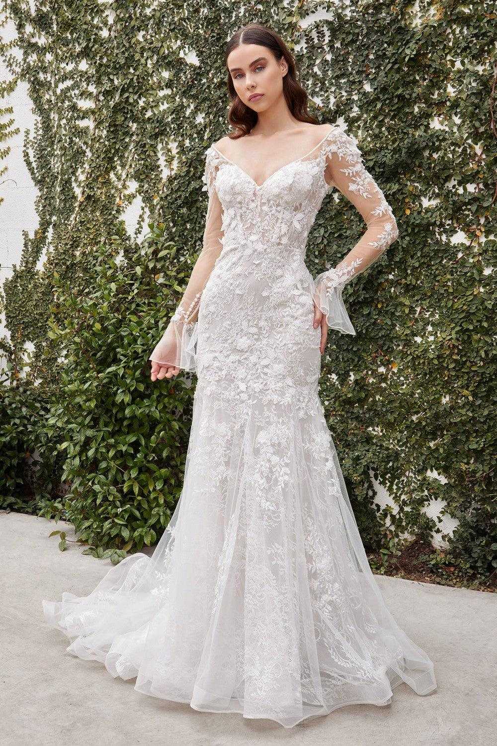 Cendrillon Divine, Cendrillon Divine A1073W Robe de mariée longue à manches transparentes