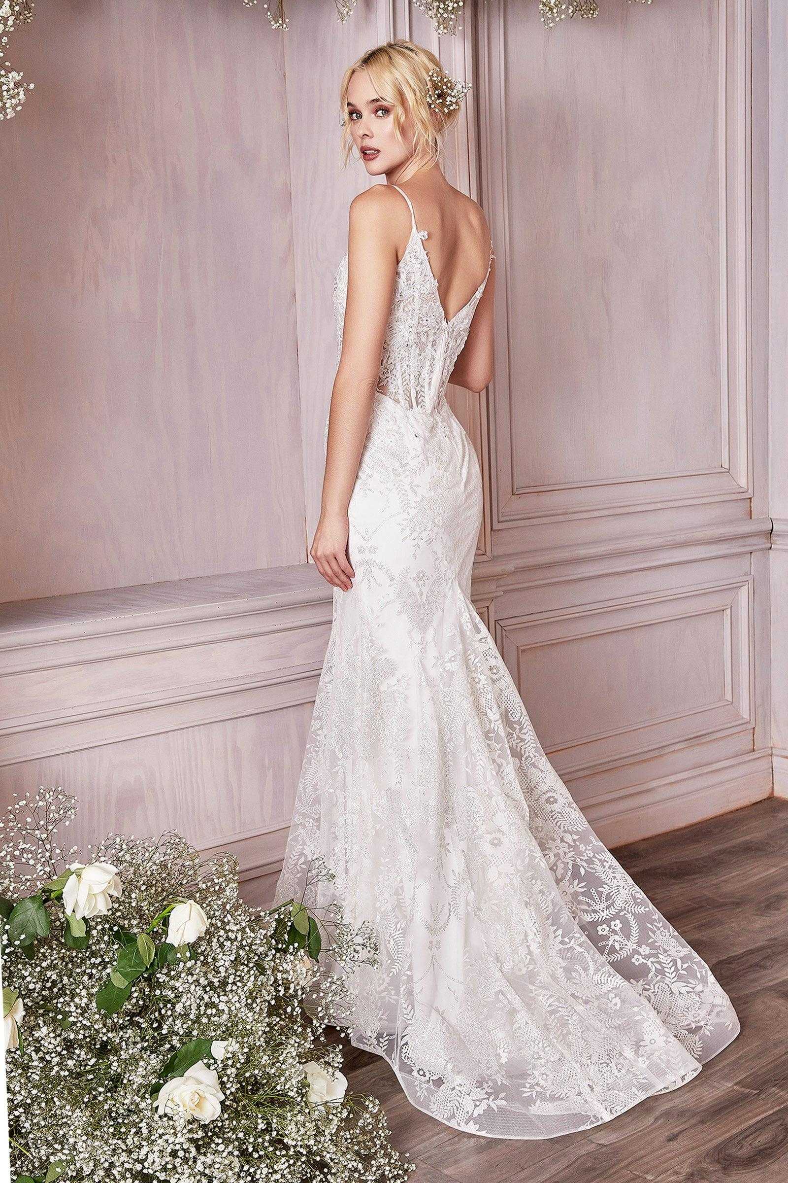 Cendrillon Divine, Cendrillon Divine J825W Robe de mariée longue en dentelle à bretelles spaghetti