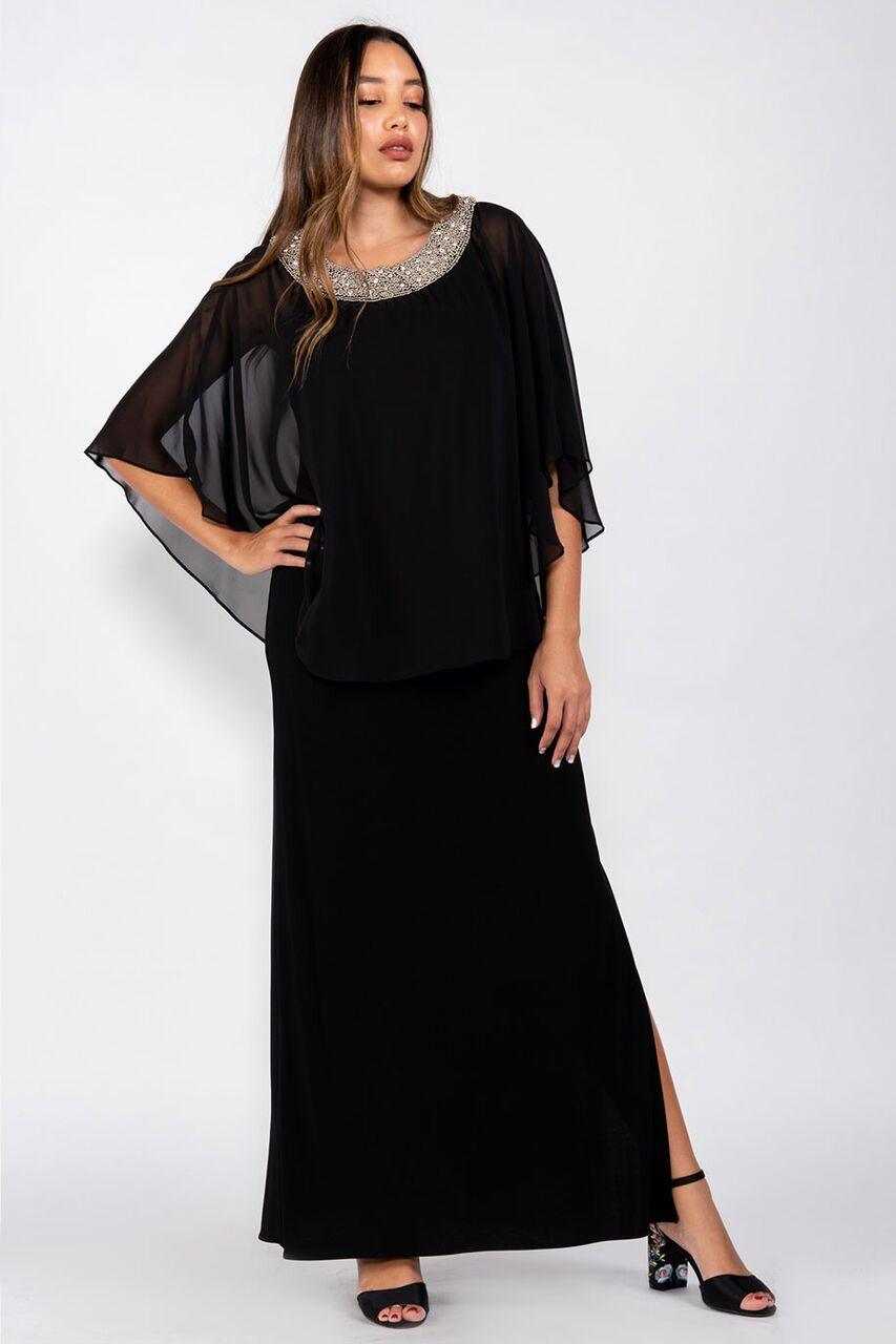 R&M Richards, R&M Richards 2328 Robe cape longue formelle en mousseline de soie Noir Vente