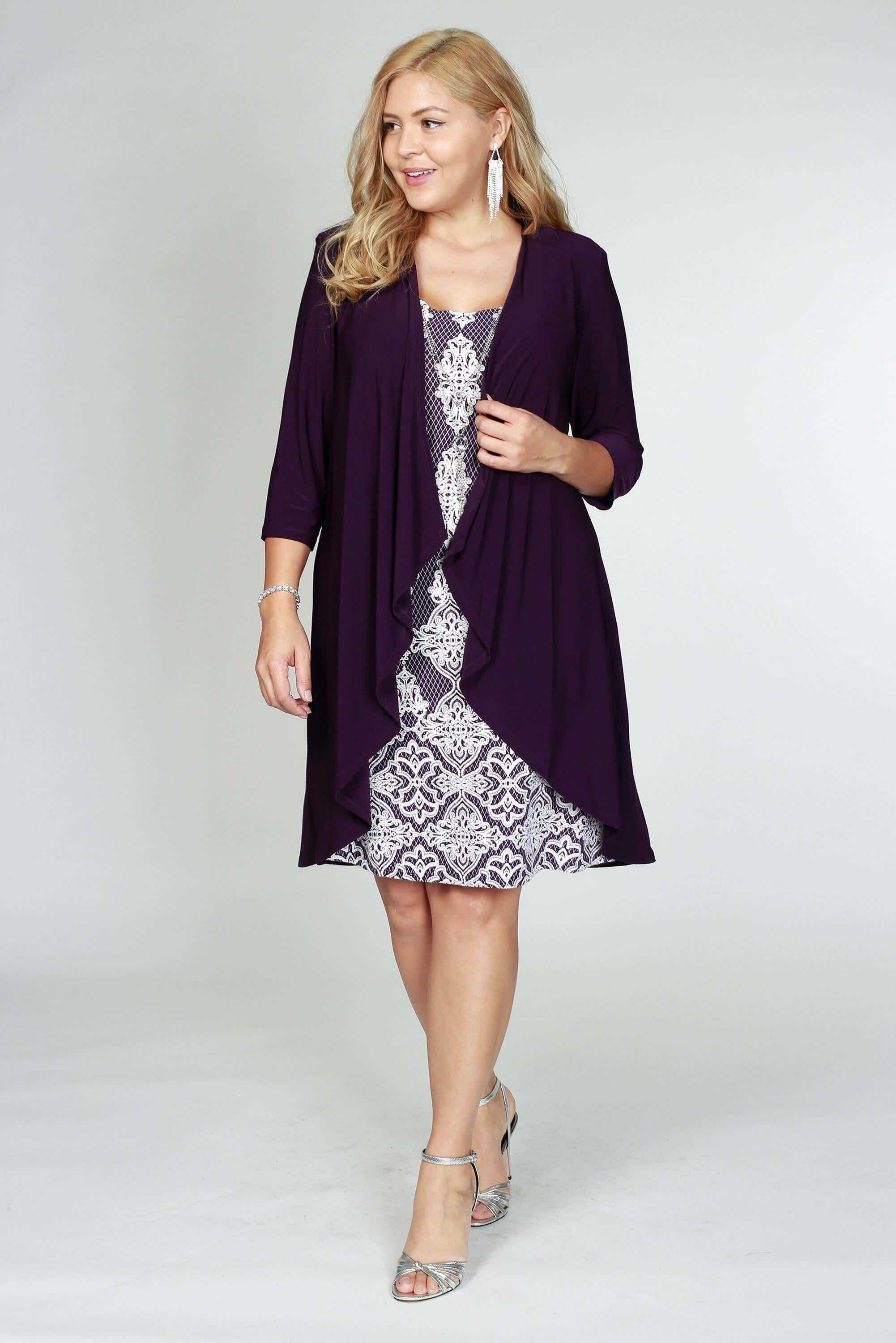 R&M Richards, R&M Richards 3577 Robe de cocktail courte en dentelle Aubergine