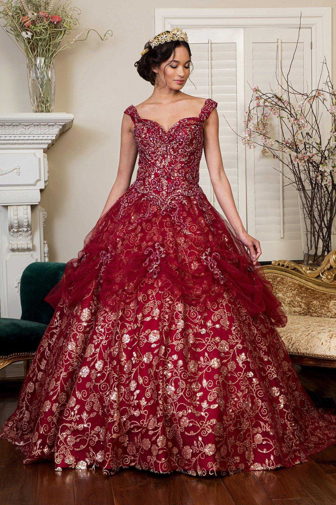 Elizabeth K., Robe de bal longue Quinceanera à épaules dénudées Sweet 16