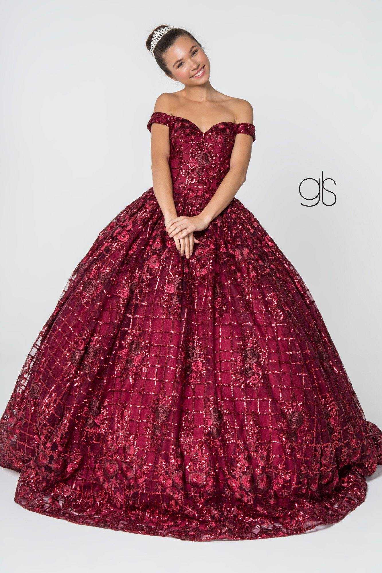 Elizabeth K., Robe longue de Quinceanera en maille à sequins et broderies florales