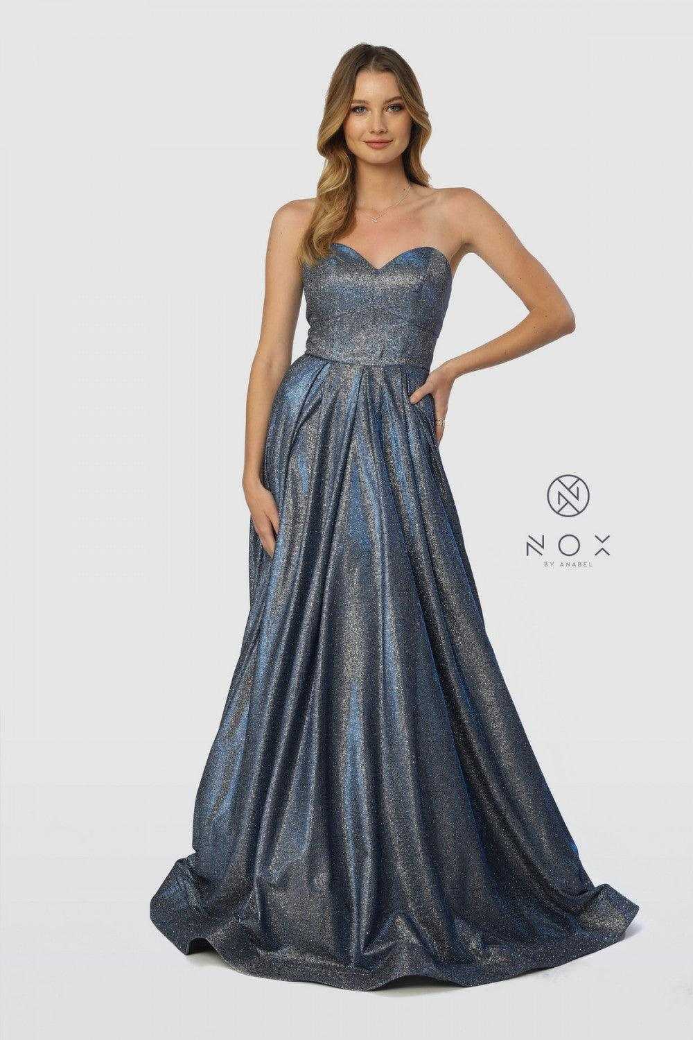 Nox Anabel, Robe longue de bal métallique sans bretelles, robe de soirée