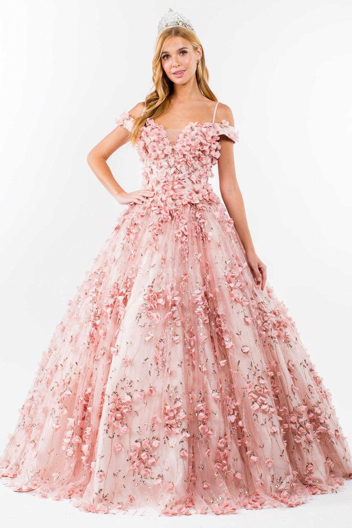 Elizabeth K., Robe longue fleurie à épaules dénudées Quinceanera