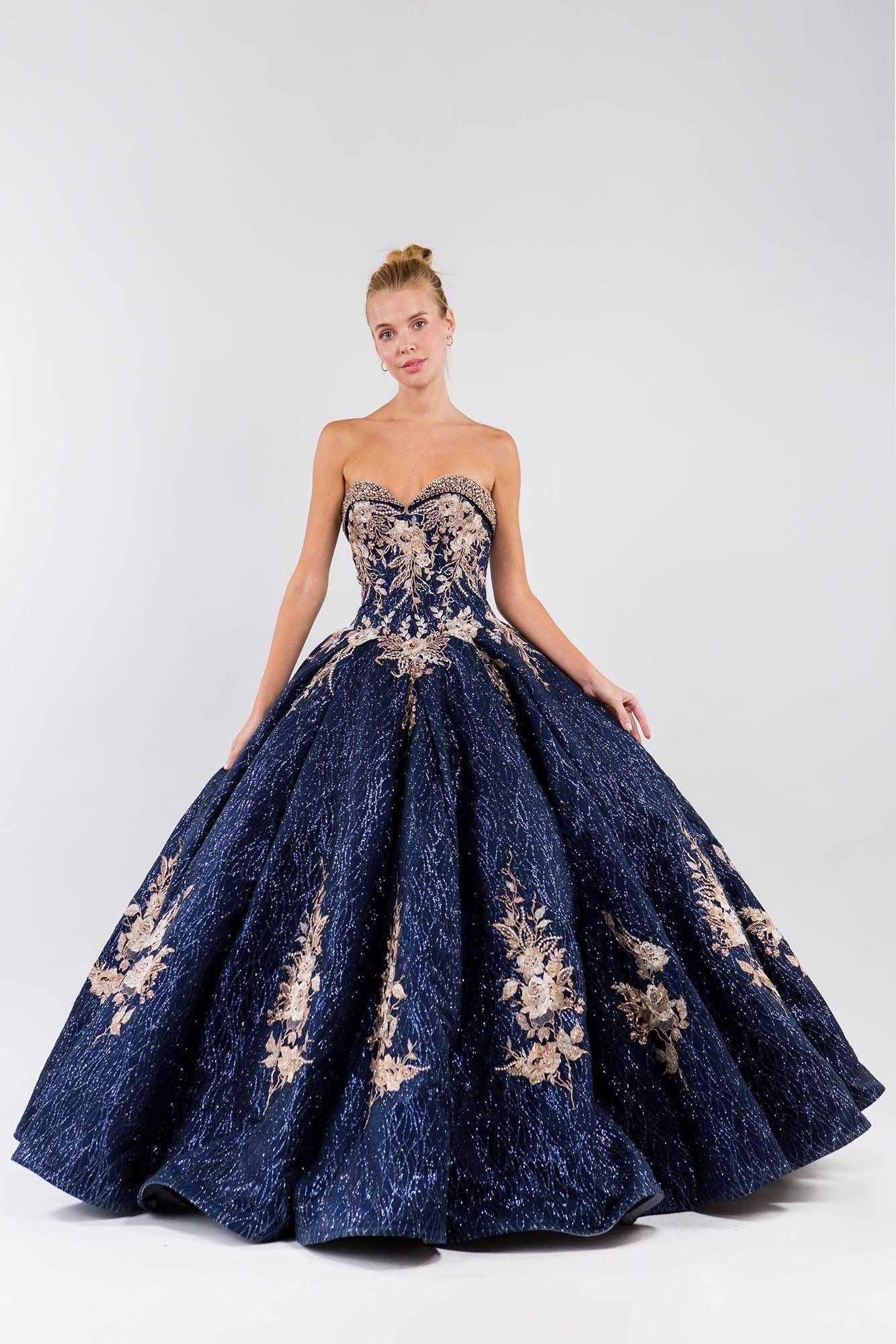 Elizabeth K., Robe longue sans bretelles à paillettes florales Quinceanera